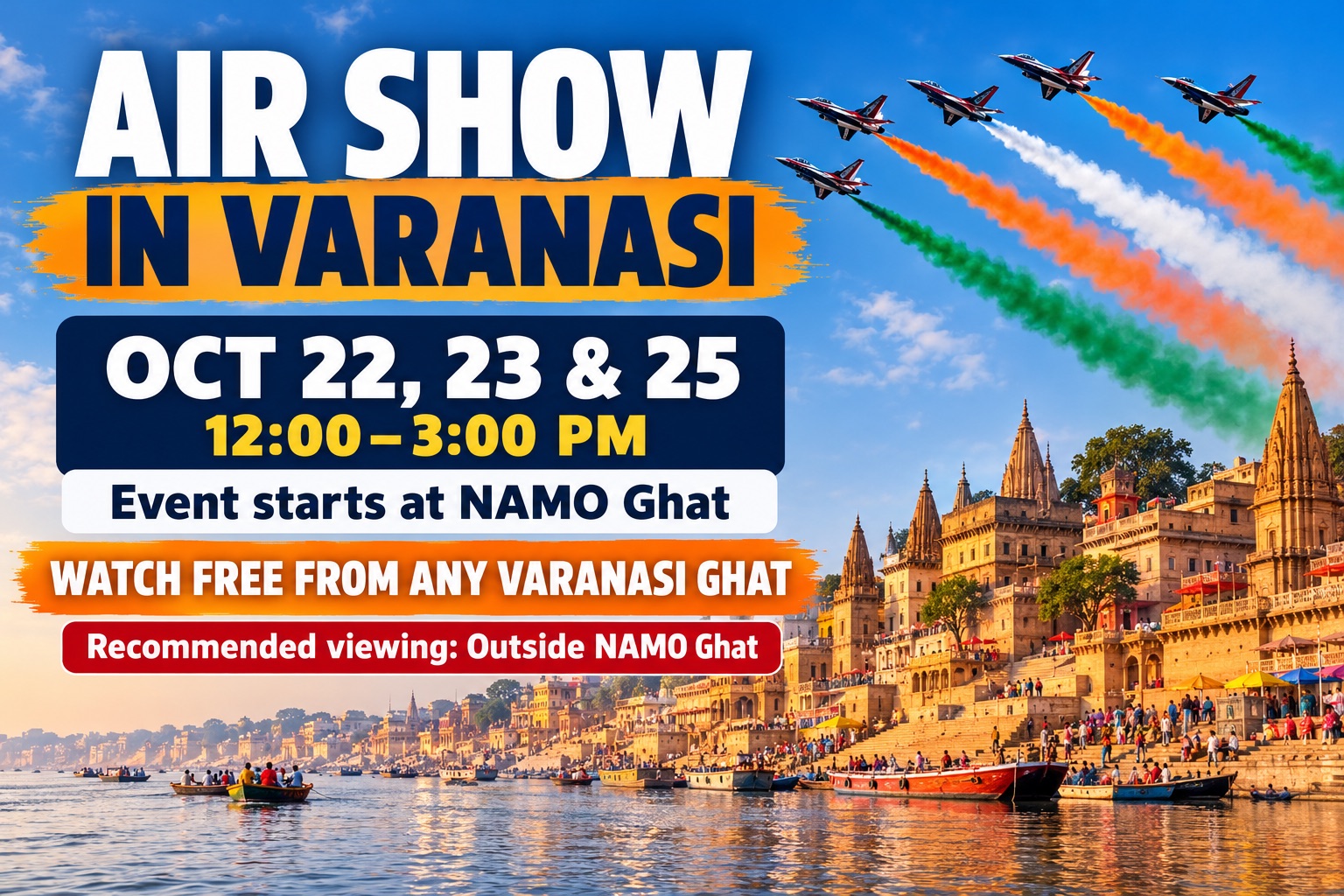 Fighter jets in formation over the ghats of Varanasi for the 2026 Air Show at Namo Ghat
