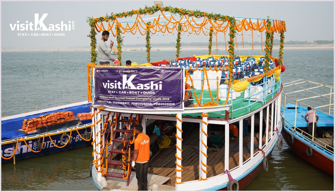 Decorated Visit Kashi boat for Dev Diwali in Varanasi