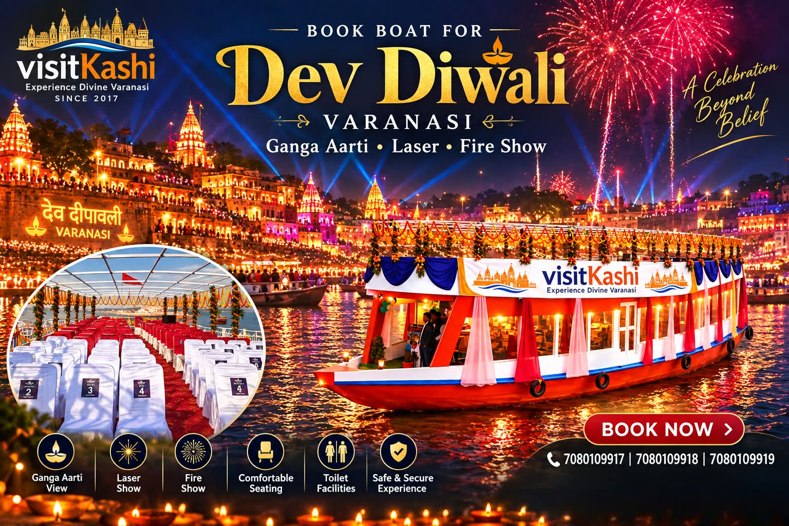 Dev Diwali boat booking in Varanasi with illuminated ghats and fireworks