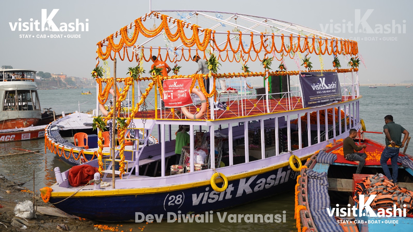 Maharaja Bajra boat decorated with marigold for Dev Diwali