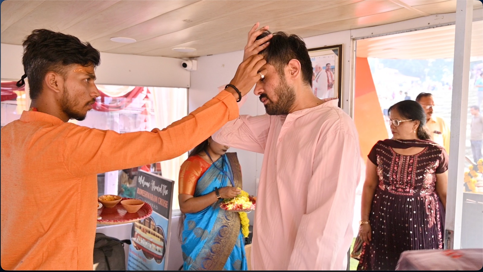 Traditional tilak welcome on a Varanasi boat