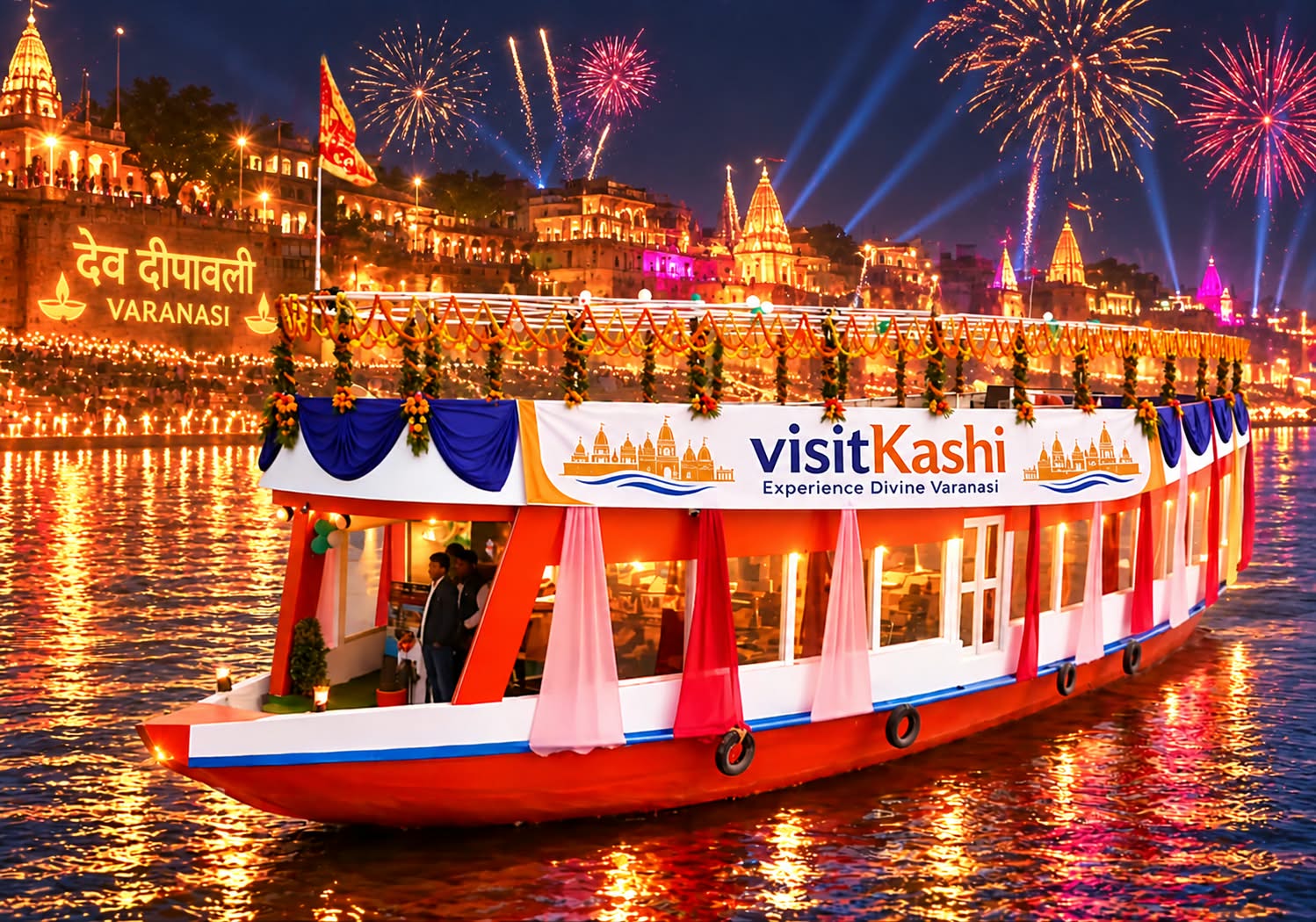 Decorated cruise on the Ganges against illuminated Varanasi ghats and fireworks