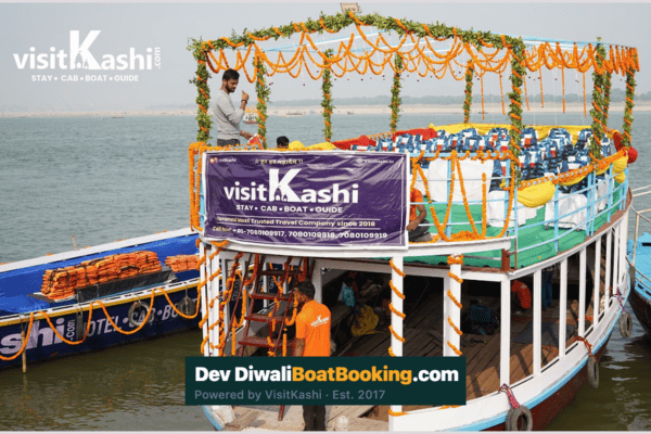 Marigold-decorated Bajra boat on the Ganges for Dev Diwali in Varanasi