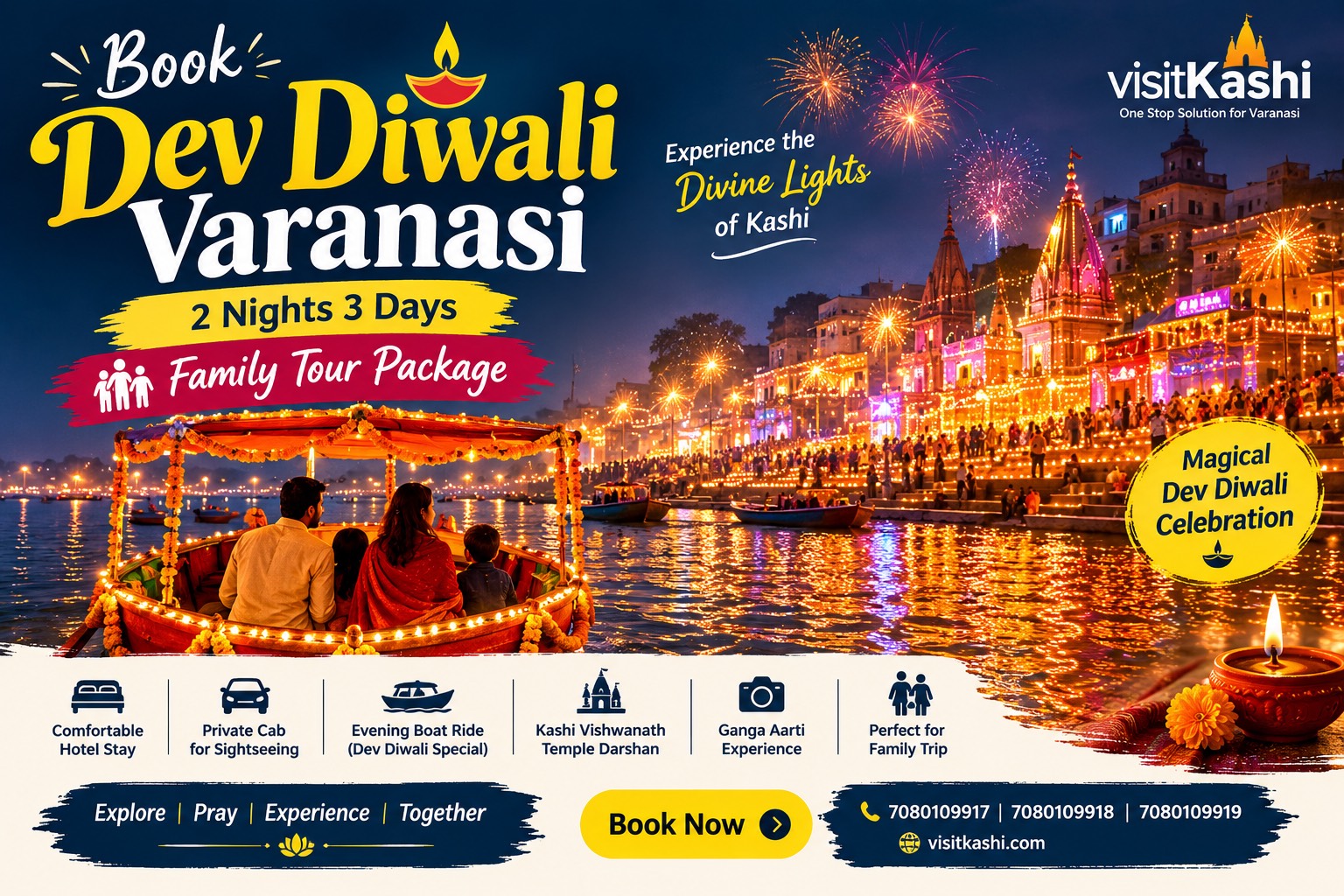 Visit Kashi Dev Diwali Varanasi 2 nights 3 days family tour package with illuminated ghats and boat rides