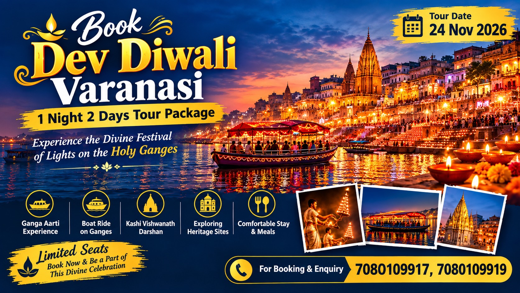 Dev Diwali Varanasi 1 night 2 days tour package banner with illuminated ghats and itinerary highlights